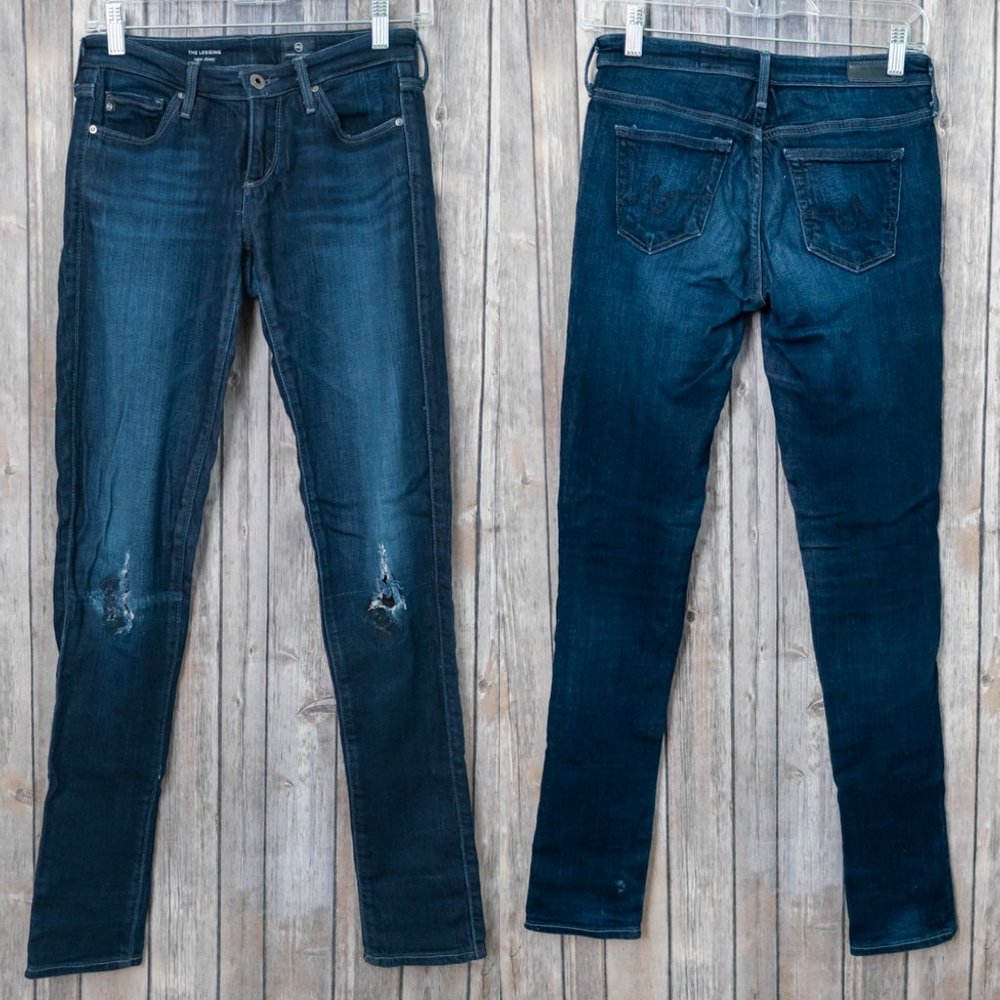 Ag Adriano Goldschmied Women’s Skinny Jeans - Dark Blue with Distressed Knees